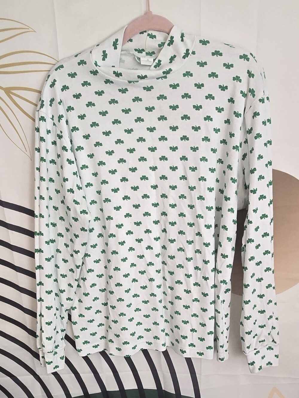 Men's White Long-Sleeve Shirt with Green Shamrock Pattern